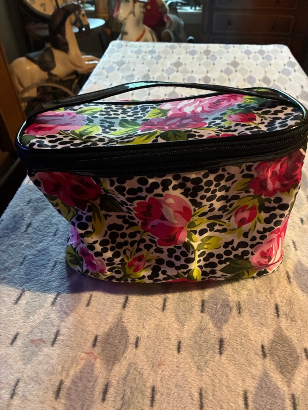 Modella Floral Cosmetic Case in Pink, Black & White